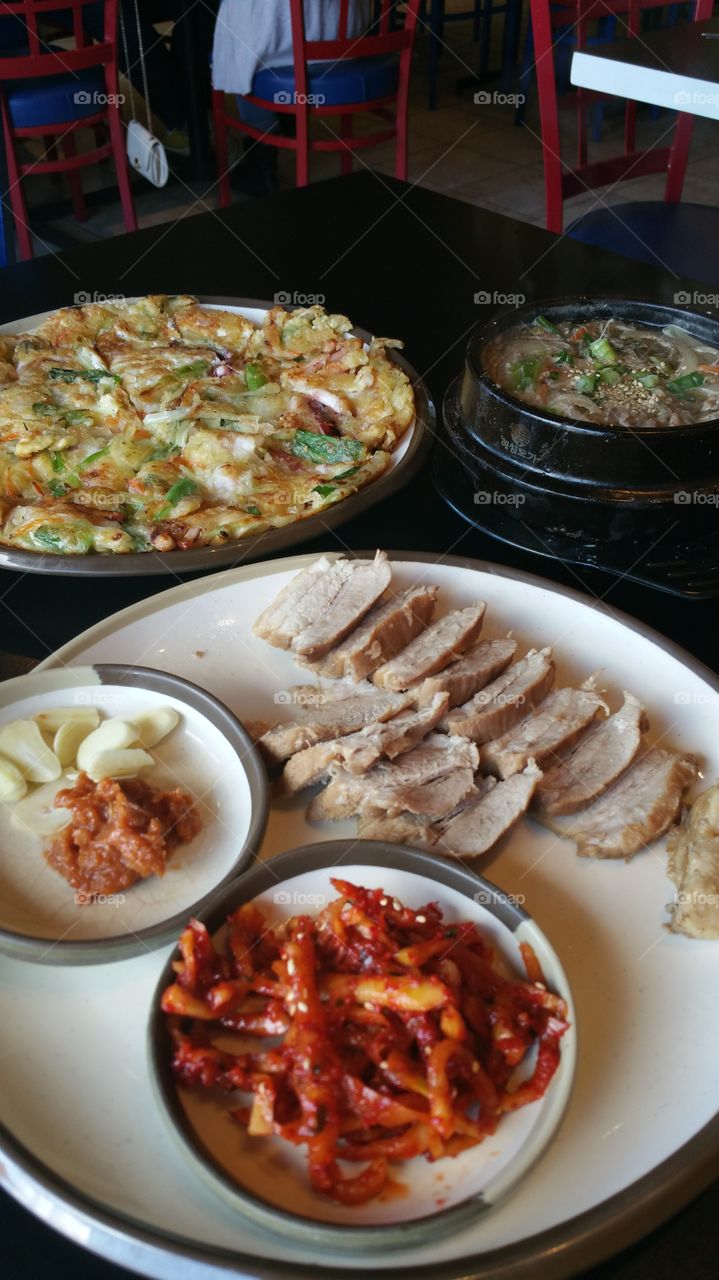 Korean Pork Belly Wraps. Korean pork belly wraps with seafood pancake.