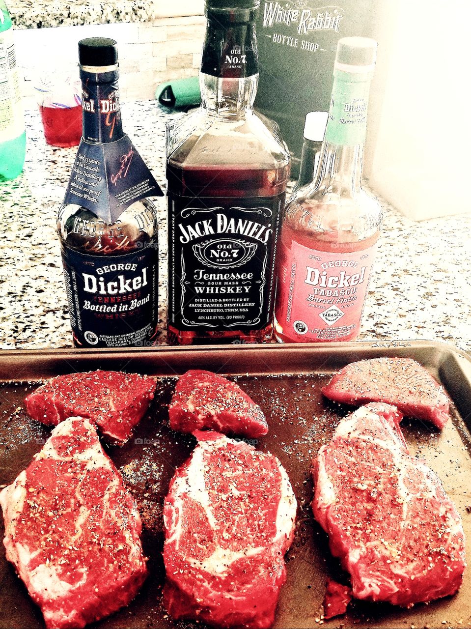 Taste of the best flavors of Tennessee with tender red thick cut rib eyes perfectly marbeled &seasoned, ready for the sear of the grill, complete with the liquid treasure of sipping whiskeys of Jack Daniel's & George Dickel.