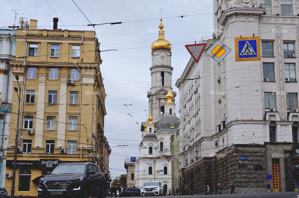 Urban city life. View Of the street, road, buildings in Kharkiv, Ukraine. Retro and vintage architecture