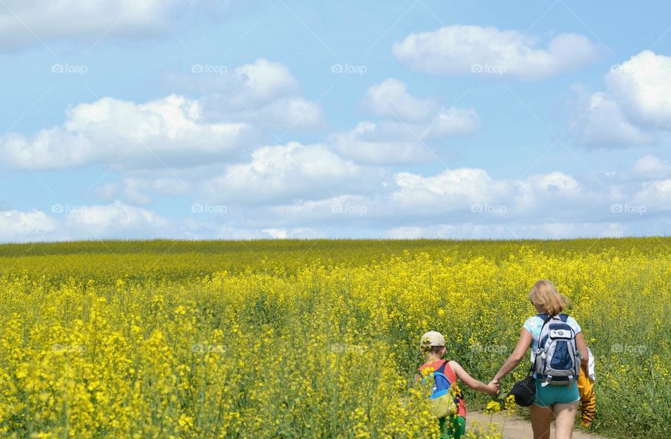 family mother and son walking outdoor rapeseed field background spring and summer time