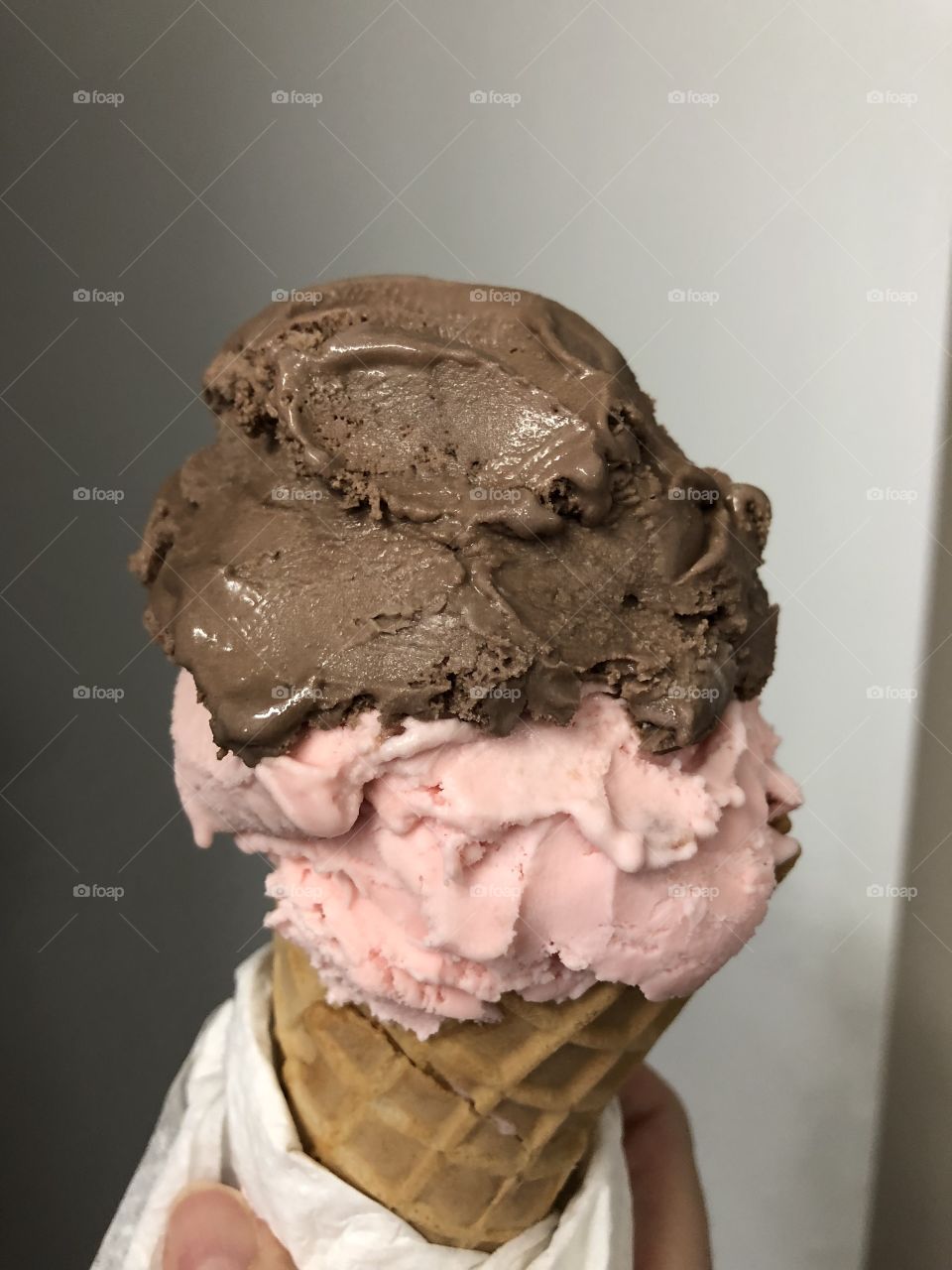 Chocolate & strawberry & cream - ice cream in waffle cone