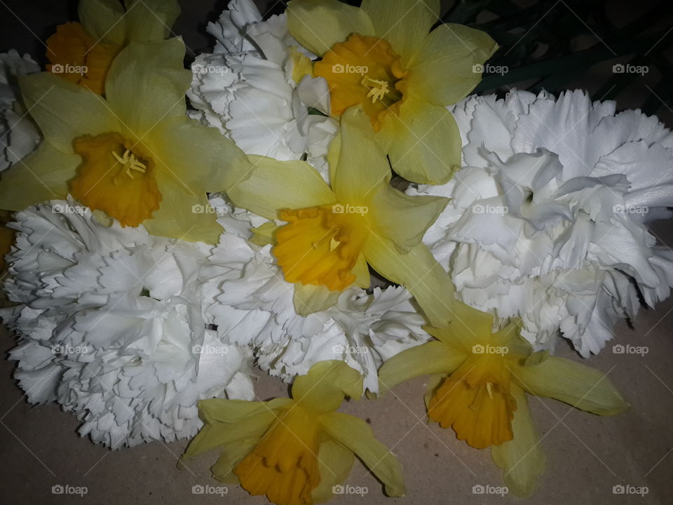 bouquet of carnations and daffodils