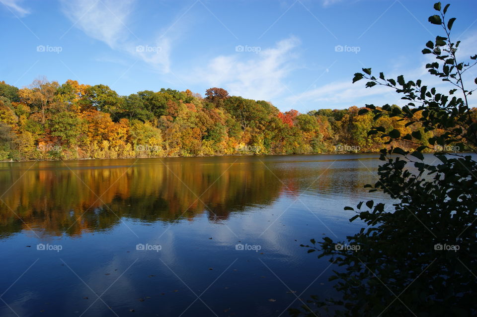 Clouds and autumn trees reflected in lake