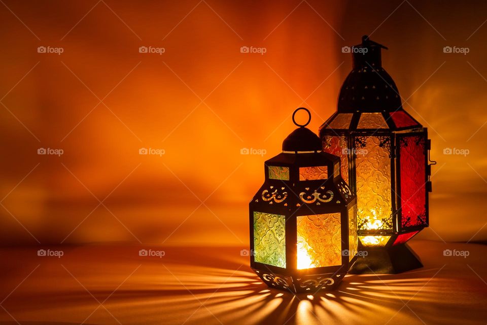 Arabic ornamental lanterns lit up for Ramadan