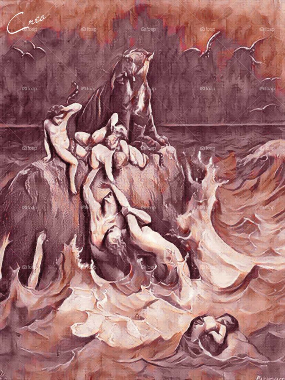 It's by Gustave Doré, usually considered a master engraver, this image is a powerful depiction of the doomed men and beasts in the story of Noah's Ark trying desperately and futilely to save their children.