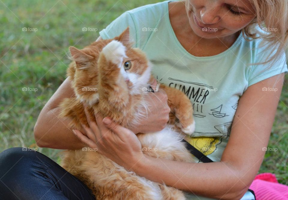 woman with cat pet outdoor happiness