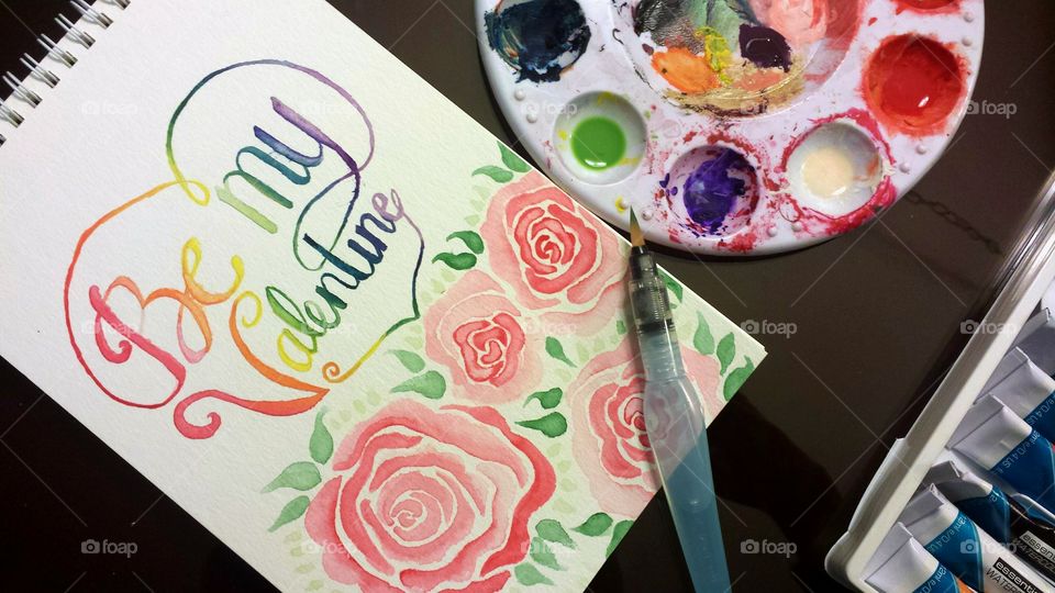 Watercolor painting using brush pen, roses, flower, floral border, paint, Be my valentine, brush lettering, rainbow color, hand made