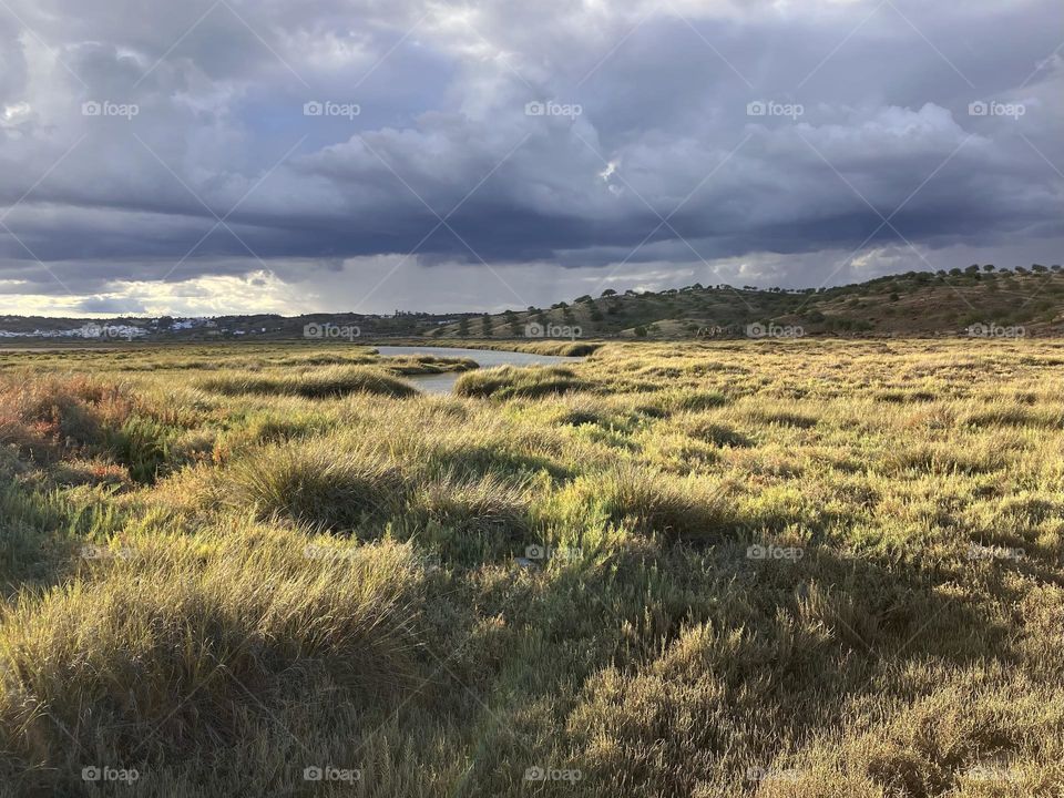 Grassland of countryside under storm 