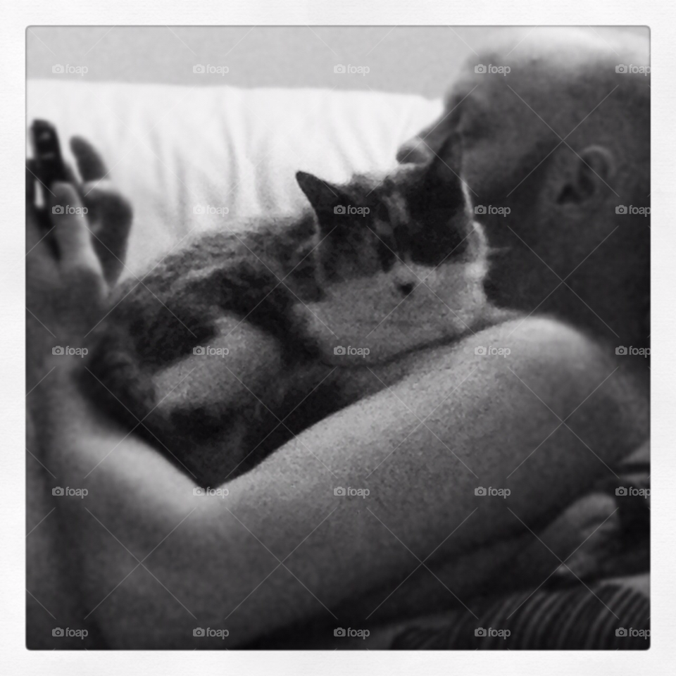 cat sleeping man black and white by drea.reilly