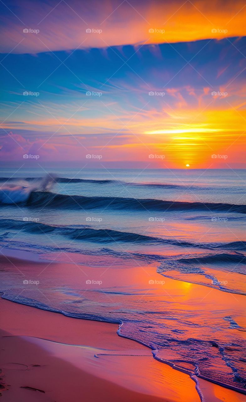 Sunrise at the beach with waves of water washing on the sand