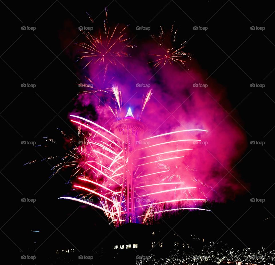 Spectacular fireworks at Seattle space needle 