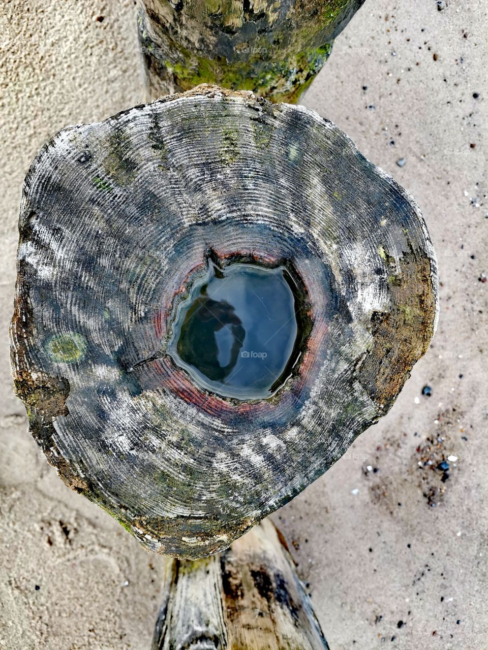 Wooden wave breaker with a hole an water in it