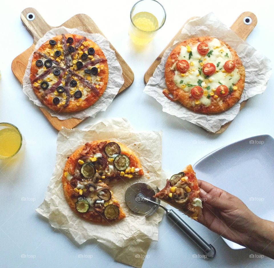 Selection of homemade pizzas 