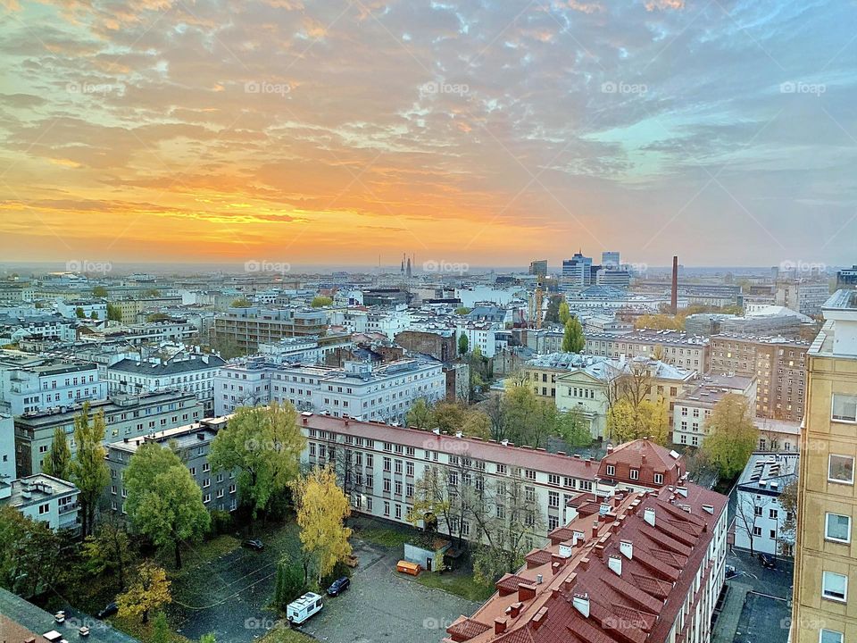 Warsaw city magic at sunrise, view from the 17th floor