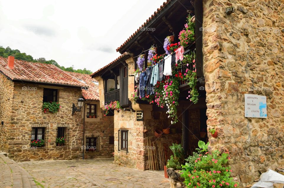 Typical balconies in Bárcena Mayor, Cantabria, Spain.