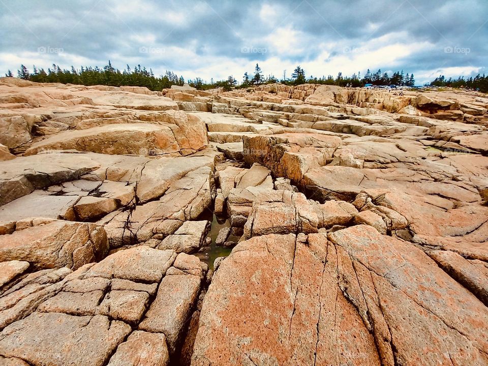 A dramatic view looking up the pink granite ledges of Schoodic Point, Acadia National Patk.