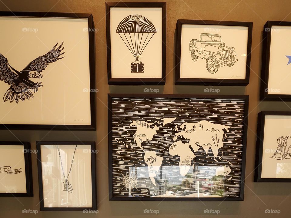 Patriotic wall deco art collage at a local veteran owned coffee shop.