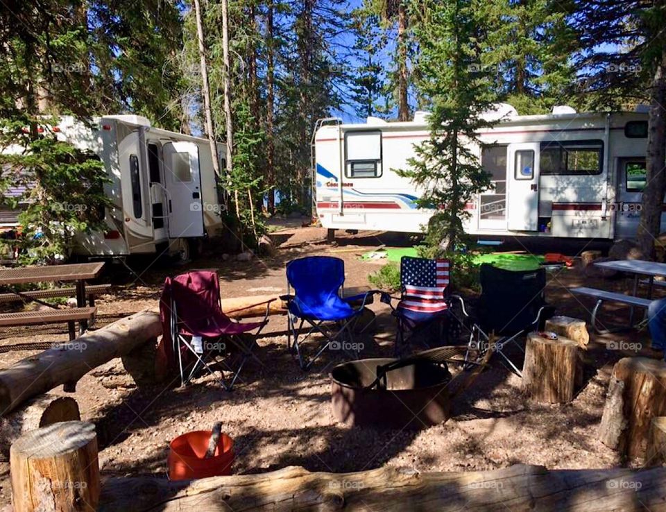 Our campground in the Mountains of Utah with our RV trailers. 