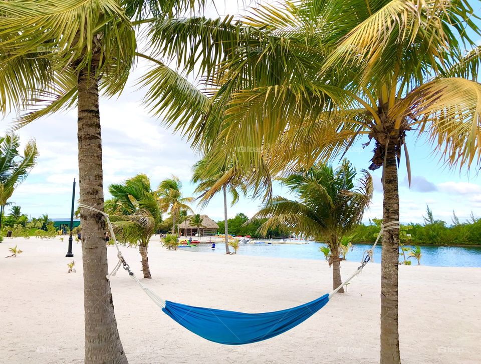 Caribbean blue hammock on white sand beach