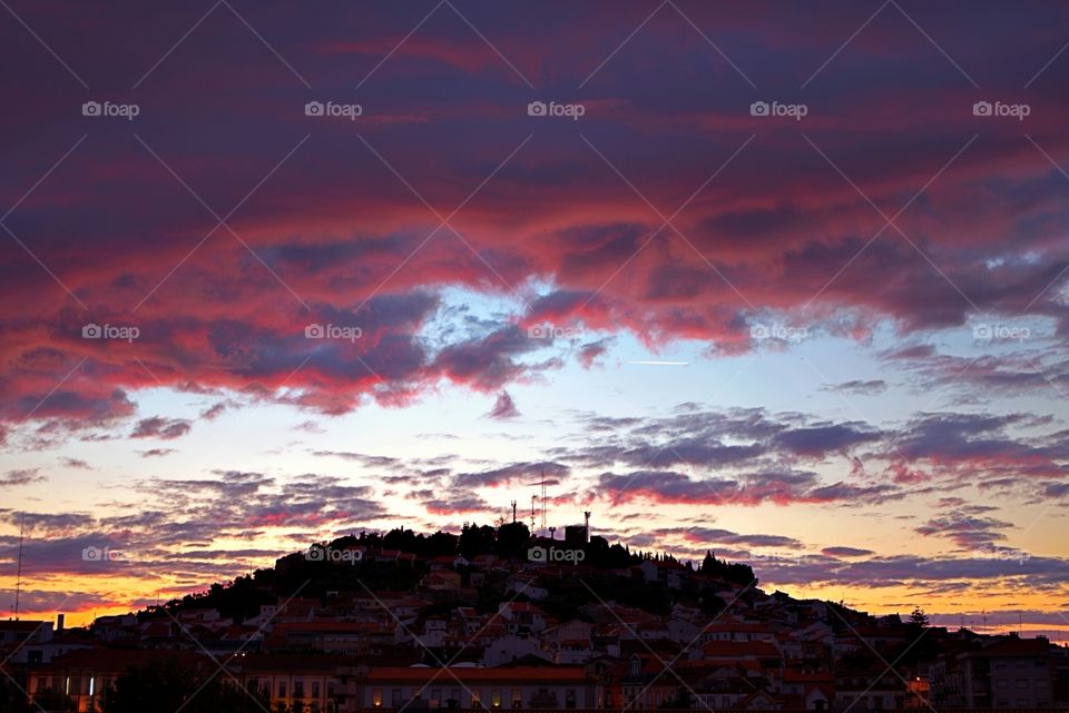Sun setting over Castelo Branco, Portugal.