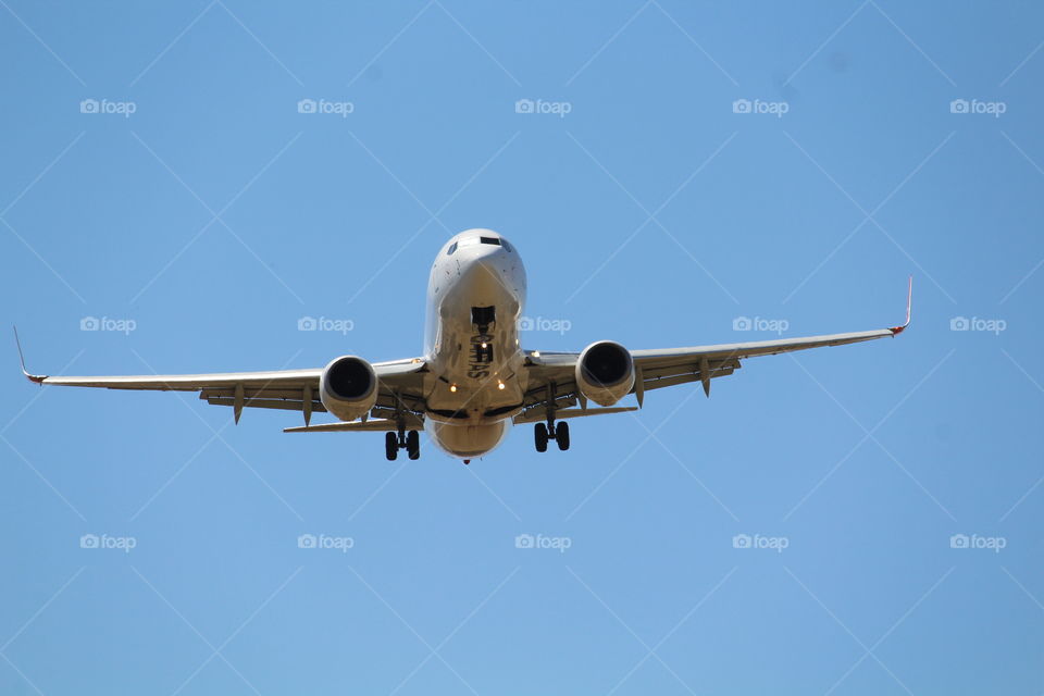 Flying plane in a clear blue sky