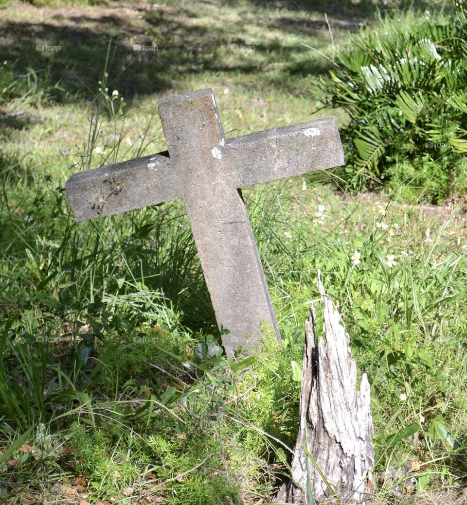 A very old cross-shaped gravestone leaning crooked in the grass-covered ground near a broken tree branch