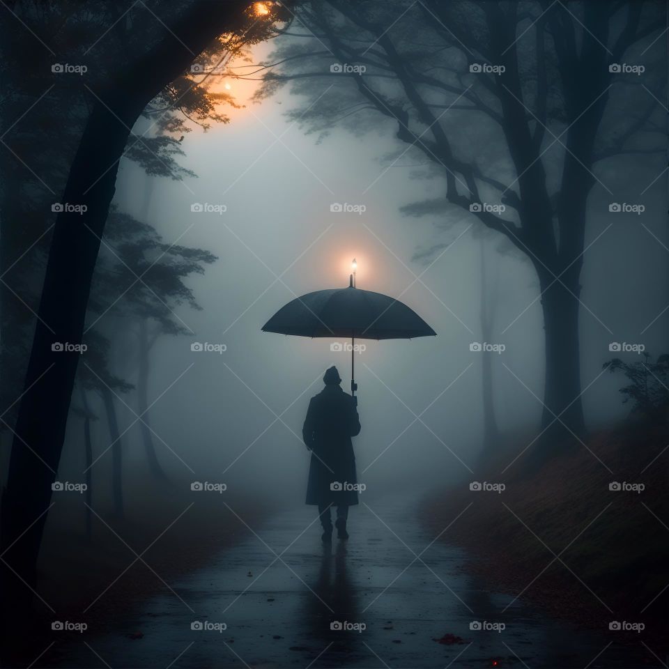 a person holding an umbrella in the rain, misty atmosphere