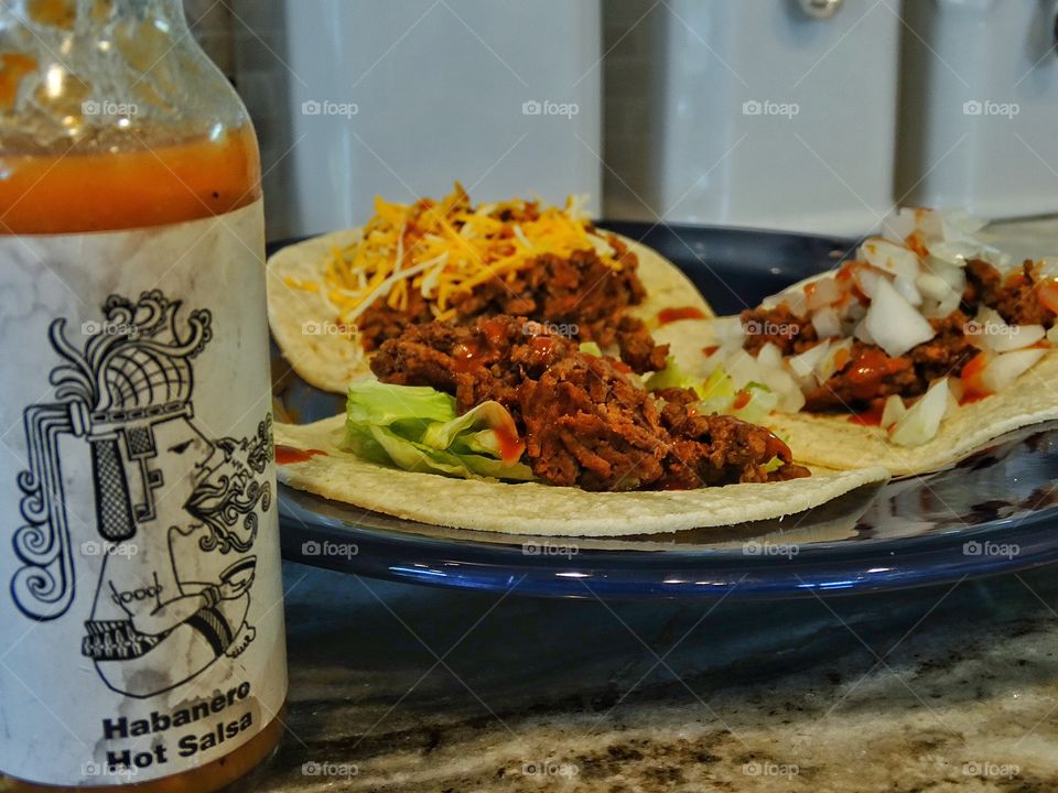 Tacos With Hot Sauce. Authentic Mexican Tacos With Bottle Of Hot Sauce
