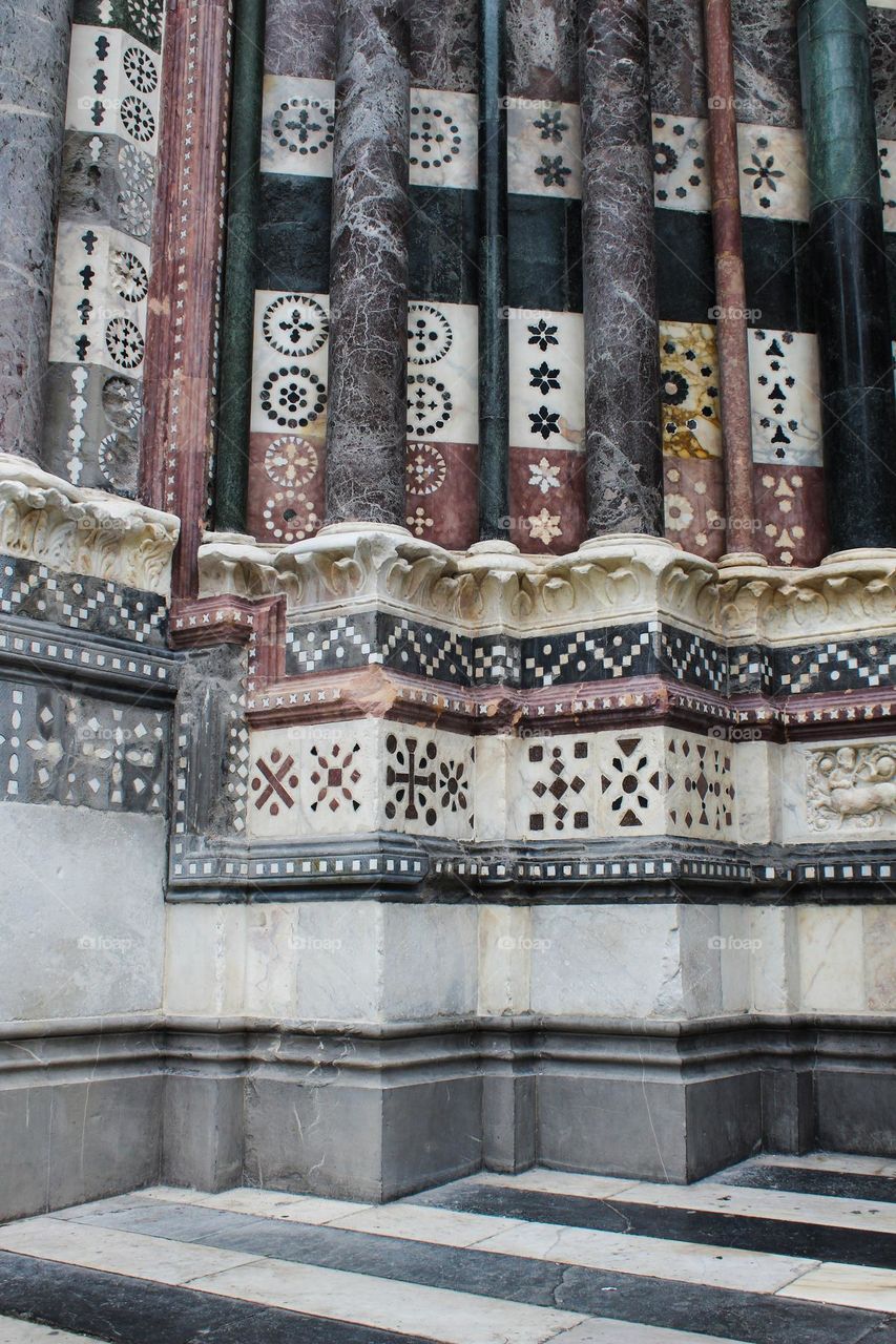 Details of Genoa Cathedral or Metropolitan Cathedral of Saint Lawrence.  Romanesque and Gothic style