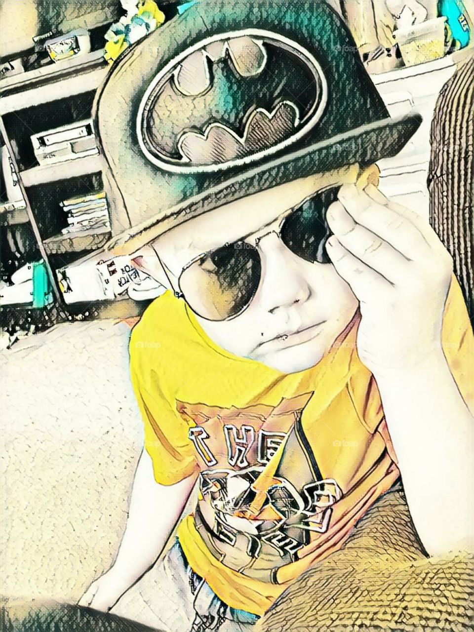 Sketched style abstract of boy in Batman hat, holding shades on his face.