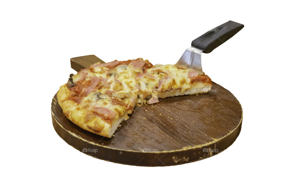 Pizza with ham and cheese on the wooden tray is placed on a white background with clipping path.