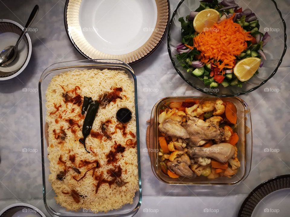 A delicious dinner of rice and salad in the oven
