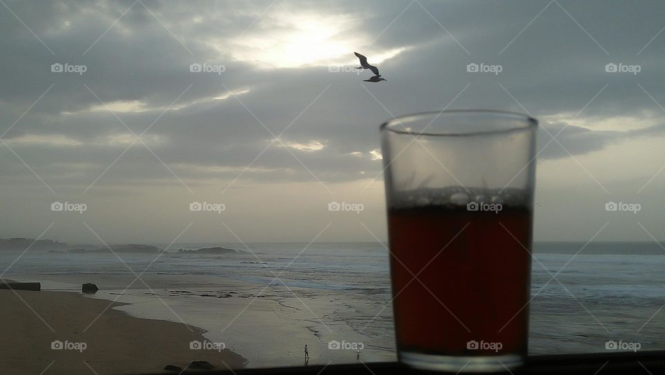 my cup of tea is ready to drink it ' and seagull bird flying cross the sky.