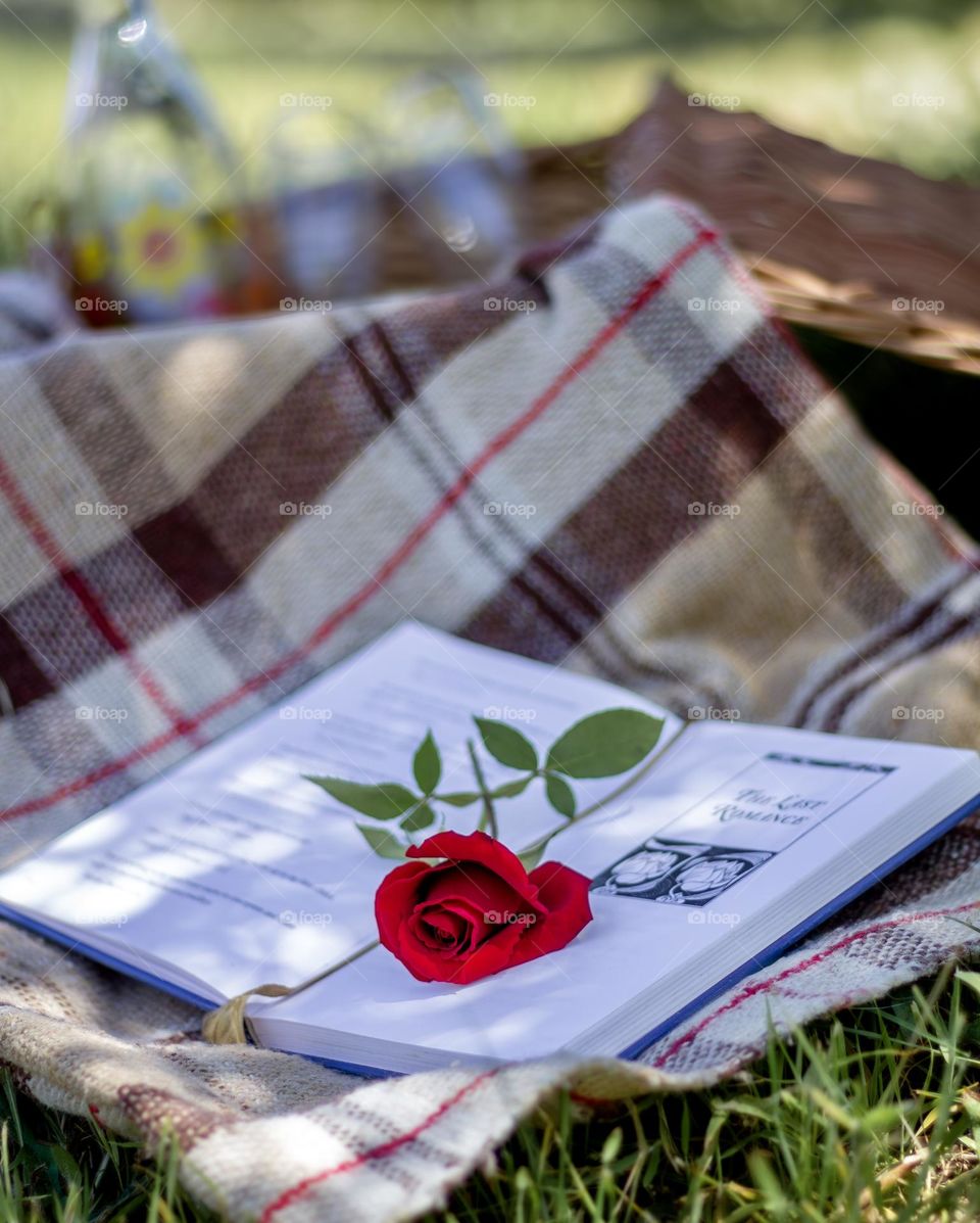 Poetry book & a rose with picnic hamper and wine glasses