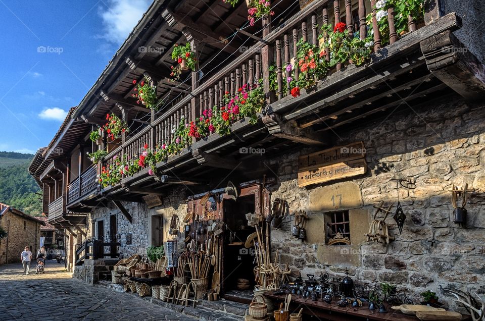 Old stone and wood houses in Barcena Mayor, small village in Cantabria 