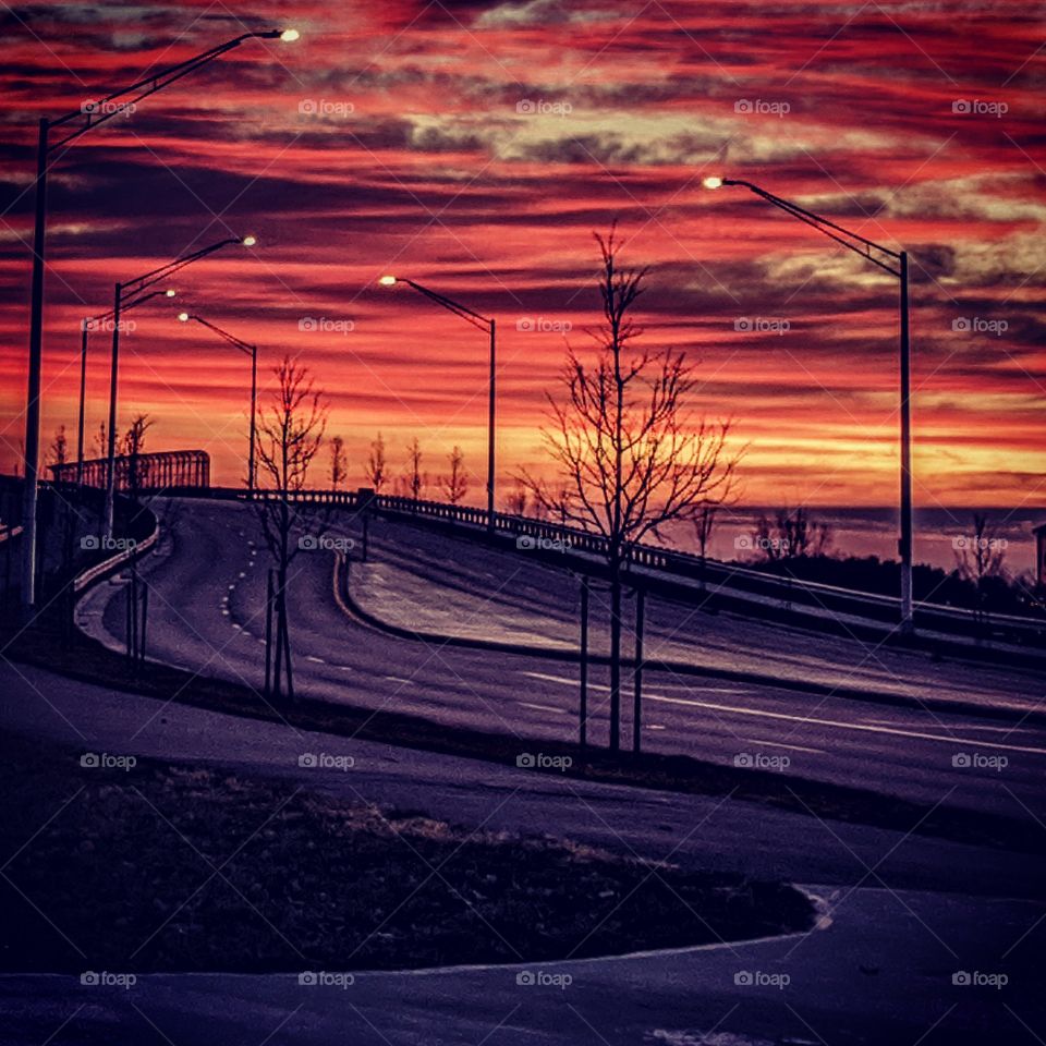 sunset in Ohio road overpass twilight